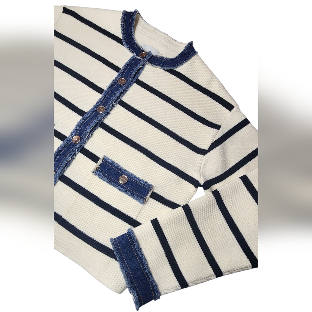 Sandro Paris Navy and Cream Striped Cardigan with Denim Details - Picture 5 of 11